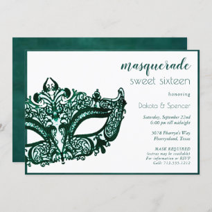 Masquerade Green Mask   Mardi Gras Theme Sweet 16 Invitation