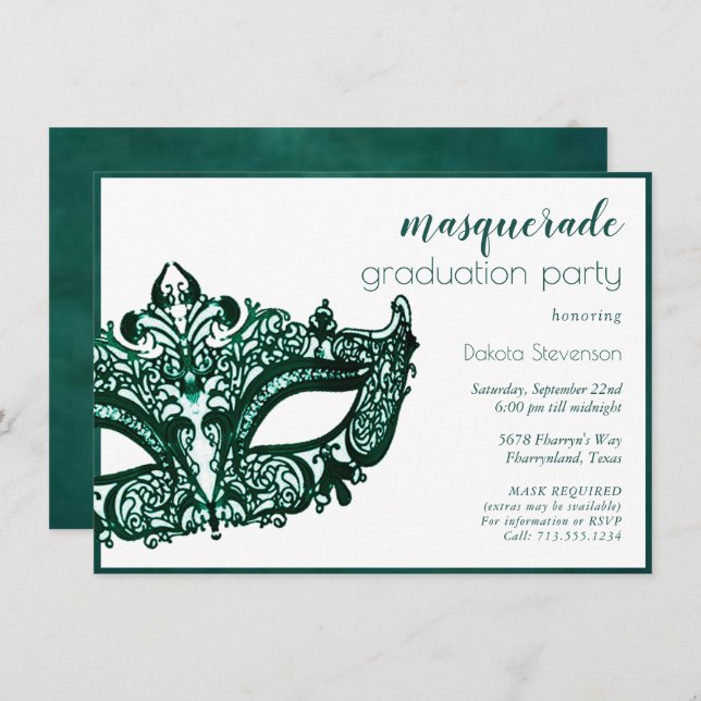 Masquerade Green Mask | Vibrant Emerald Graduation Invitation (Front/Back)