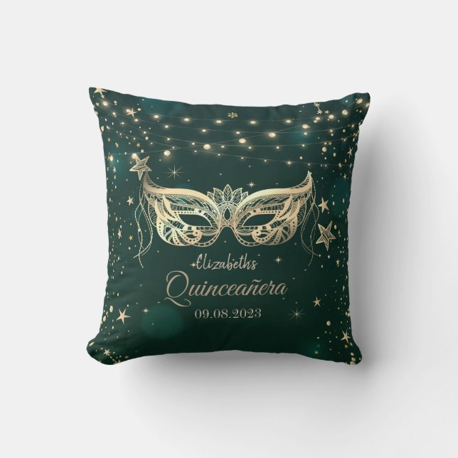 Masquerade, Green Stars  Quinceañera   Cushion (Front)