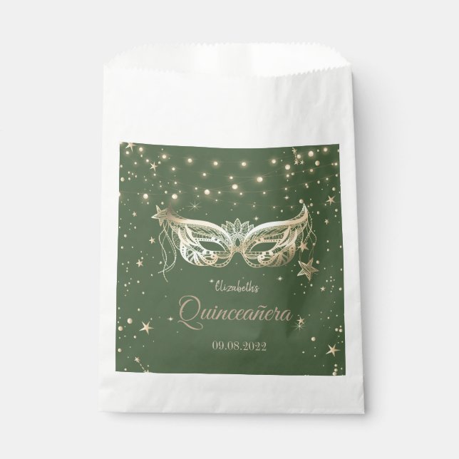 Masquerade, Green Stars Quinceañera  Favour Bag (Front)