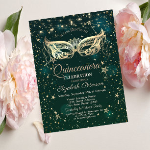 Masquerade,Green Stars  Quinceañera  Invitation