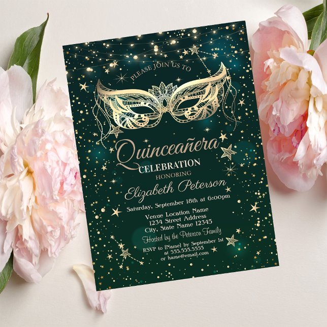 Masquerade,Green Stars  Quinceañera  Invitation (Creator Uploaded)