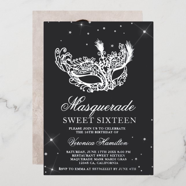 Masquerade grey silver glitter mask Sweet 16 photo (Front/Back)