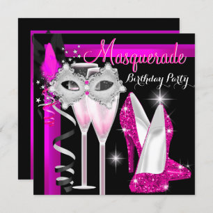 Masquerade Hi Heels Pink Black Champagne Party 3c Invitation