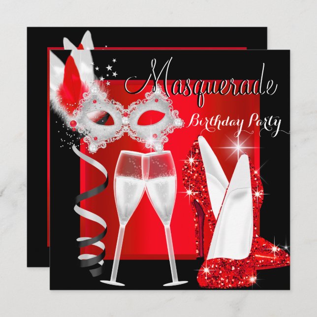 Masquerade Hi Heels Red Black Champagne Party 2 Invitation (Front/Back)