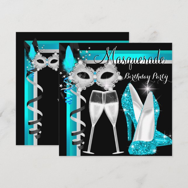 Masquerade Hi Heels Teal Black Champagne Party 2 Invitation (Front/Back)