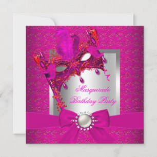Masquerade Hot Pink Silver Pink Birthday Party Invitation