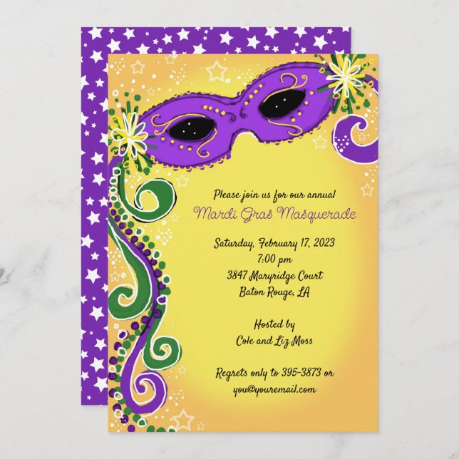 Masquerade Invitations: Purple Yellow Mardi Gras Invitation (Front/Back)