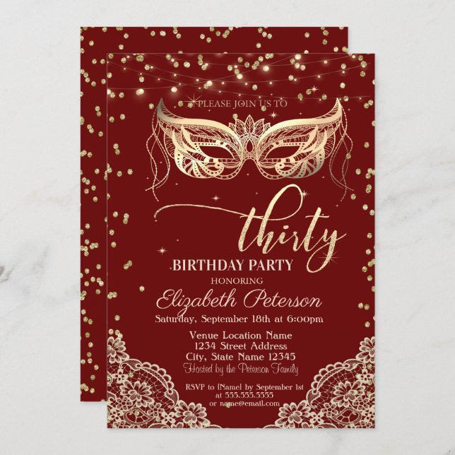 Masquerade, Lace, Diamonds 30th Birthday Party Invitation (Front/Back)
