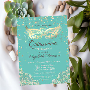 Masquerade, Lace, Diamonds Mint Green Quinceañera  Invitation
