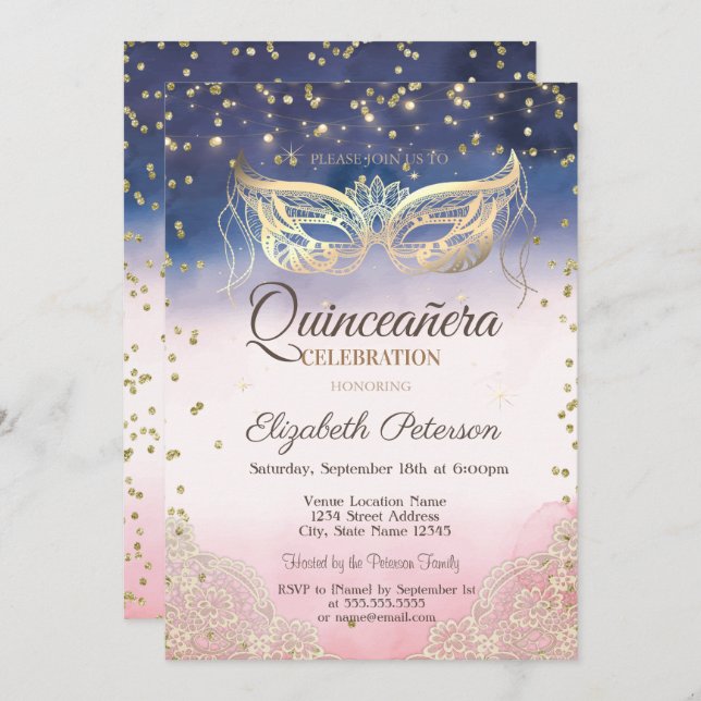 Masquerade, Lace, Diamonds Ombre Quinceañera Invitation (Front/Back)