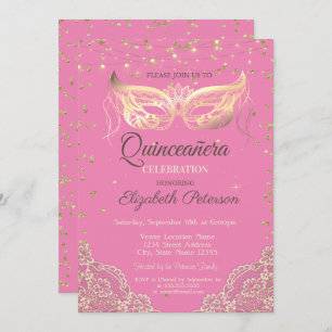 Masquerade, Lace, Diamonds Pink Quinceañera Invitation