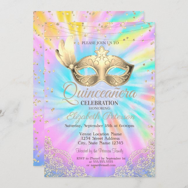 Masquerade, Lace, Diamonds Tie Dye Quinceañera   Invitation (Front/Back)