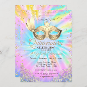 Masquerade, Lace, Diamonds Tie Dye Quinceañera   Invitation