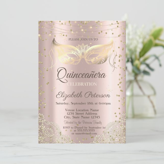 Masquerade, Lace Rose Gold Quinceañera   Invitation (Standing Front)