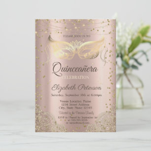 Masquerade, Lace Rose Gold Quinceañera Invitation