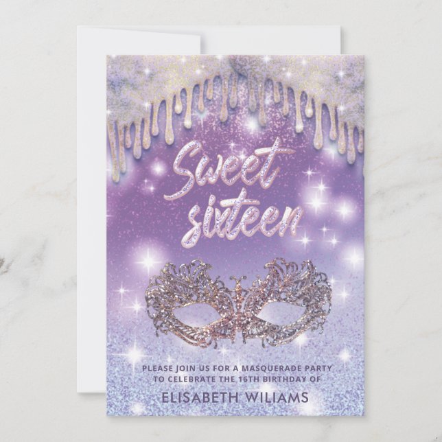 Masquerade lilac drips sparkle glittery ombre  invitation (Front)