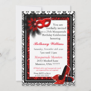 Masquerade Mardi Gras Carnival Red Glitter Invitation