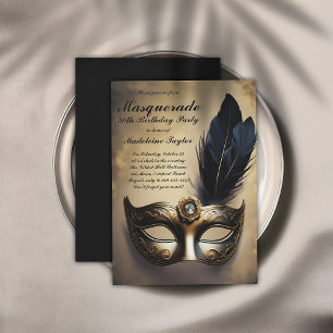 Masquerade Mask Black Gold Dramatic 50th Birthday Invitation