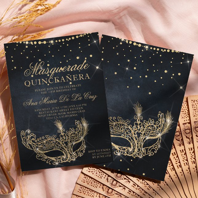 Masquerade mask black gold glitter quinceanera invitation (Creator Uploaded)