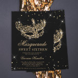 Masquerade mask black gold glitter Sweet 16 Invitation<br><div class="desc">A modern,  chic and glamourous sweet sixteen with a hand drawn gold glitter masquerade mask with gold glitter diamond sparkles on an editable black background.</div>