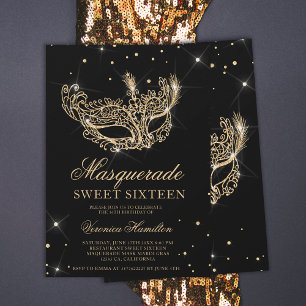 Masquerade mask black gold glitter Sweet 16 Invitation