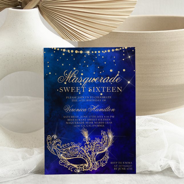 Masquerade mask blue gold glitter Sweet 16  Invitation (Creator Uploaded)