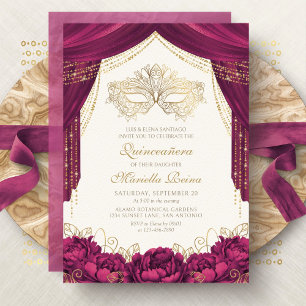 Masquerade Mask Burgundy Modern Quinceanera Invitation