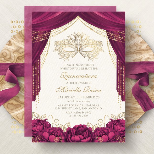 Masquerade Mask Burgundy Modern Quinceanera Invitation (Creator Uploaded)