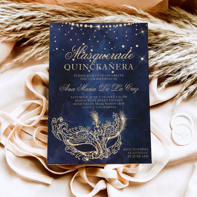 Masquerade mask chic gold glitter quinceanera invitation (Creator Uploaded)