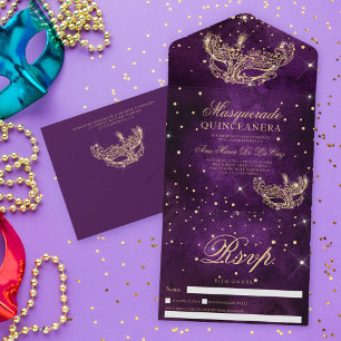 Masquerade mask chic gold glitter quinceanera plum all in one invitation