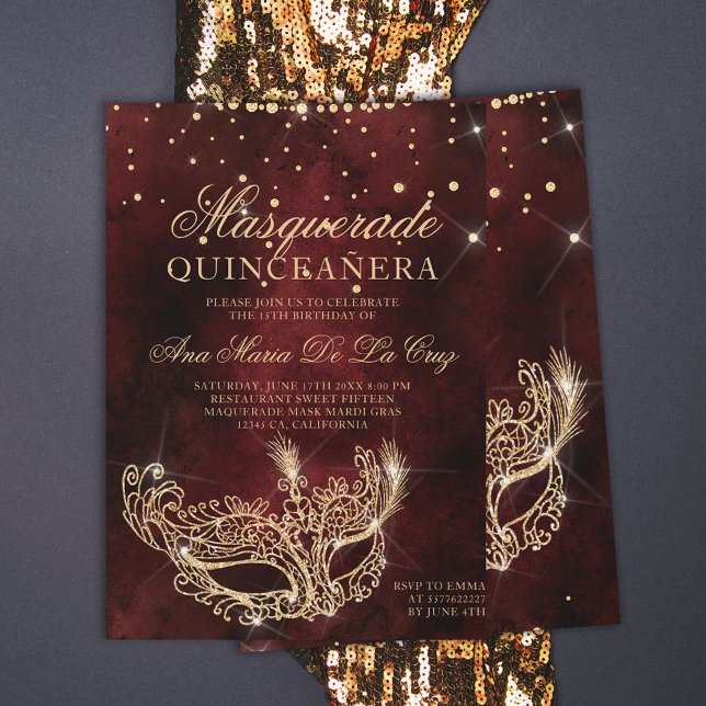 Masquerade mask chic red gold glitter quinceanera  invitation (Creator Uploaded)