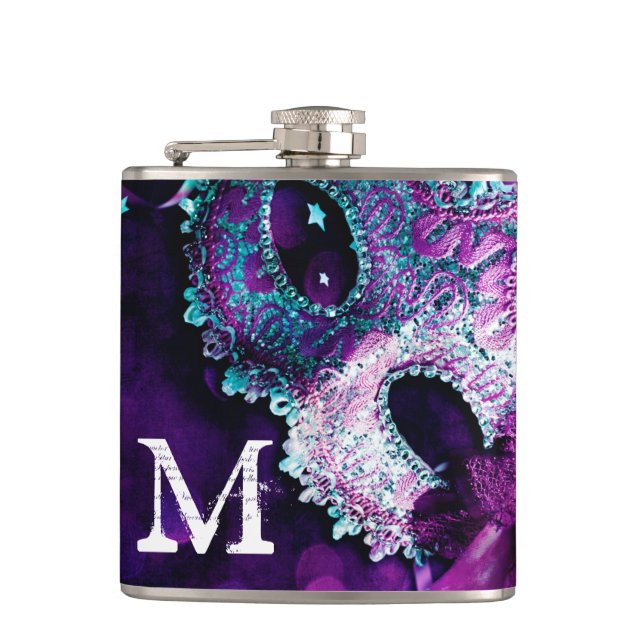 Masquerade Mask Costume Monogram Whiskey Flask (Front)