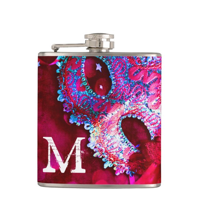 Masquerade Mask Costume Monogram Whiskey Flask (Front)