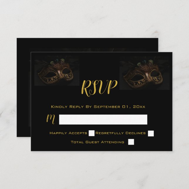 Masquerade Mask Elegant Black & Gold  RSVP Card (Front/Back)