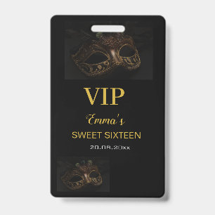 Masquerade Mask Elegant Gold Black Sweet 16 15 VIP ID Badge