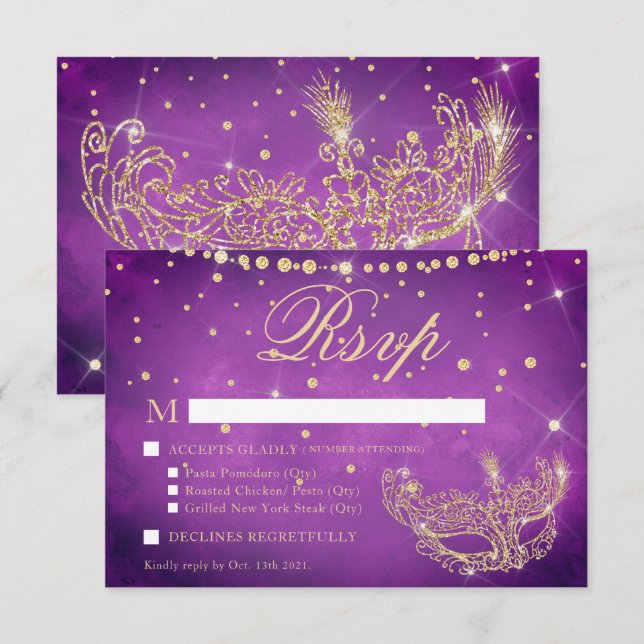 Masquerade mask elegant lilac gold glitter RSVP (Front/Back)