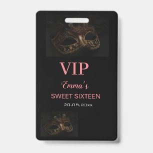 Masquerade Mask Elegant Pink Black Sweet 16 15 VIP ID Badge