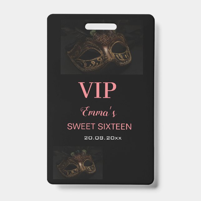 Masquerade Mask Elegant Pink Black Sweet 16 15 VIP ID Badge (Front)