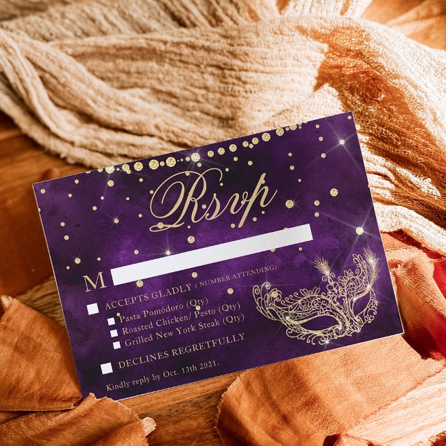 Masquerade mask elegant purple gold glitter RSVP Card (Creator Uploaded)
