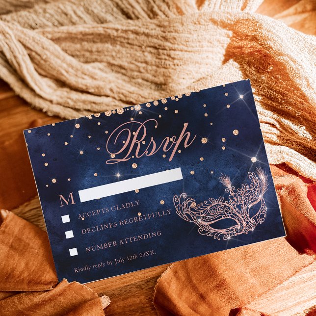 Masquerade mask elegant rose gold glitter RSVP Card (Creator Uploaded)