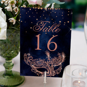 Masquerade mask elegant rose gold glitter sparkles table number