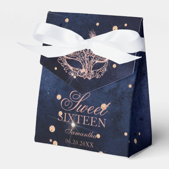 Masquerade mask elegant rose gold glitter Sweet 16 Favour Box (Front Side)