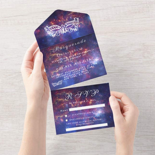 Masquerade Mask Galaxy Blue Stars Quinceanera  All In One Invitation (Tearaway)