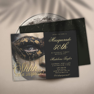 Masquerade Mask Gold Black Surprise 50th Birthday Invitation