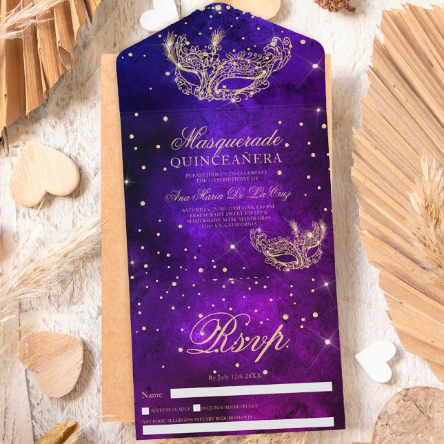 Masquerade mask gold glitter quinceanera purple all in one invitation (Creator Uploaded)