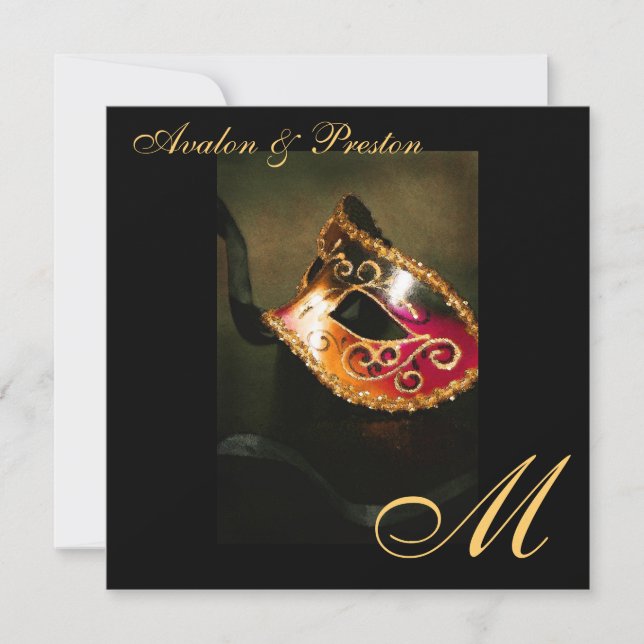 Masquerade Mask Gold Monogram Wedding Invitation (Front)