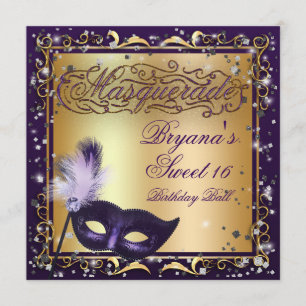 Masquerade Mask Gold & Purple Birthday Party Invitation