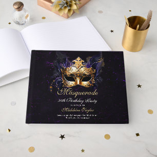 Masquerade Mask Gold Purple Dramatic 50th Birthday Guest Book
