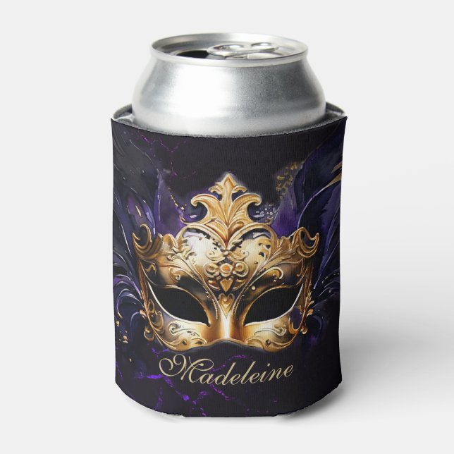 Masquerade Mask Gold Purple Dramatic Name Keepsake Can Cooler (Can Front)